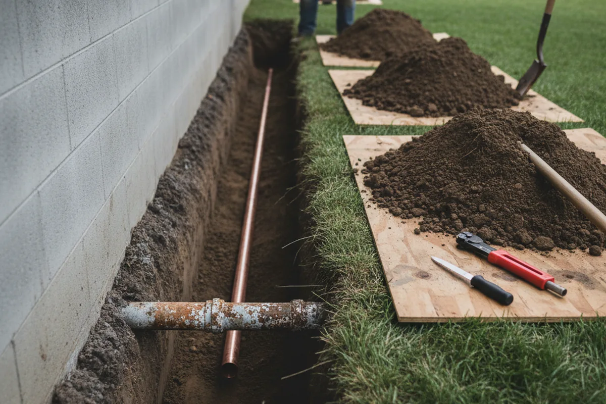 Excavated water line trench during Sewer Line Repair in Rossville